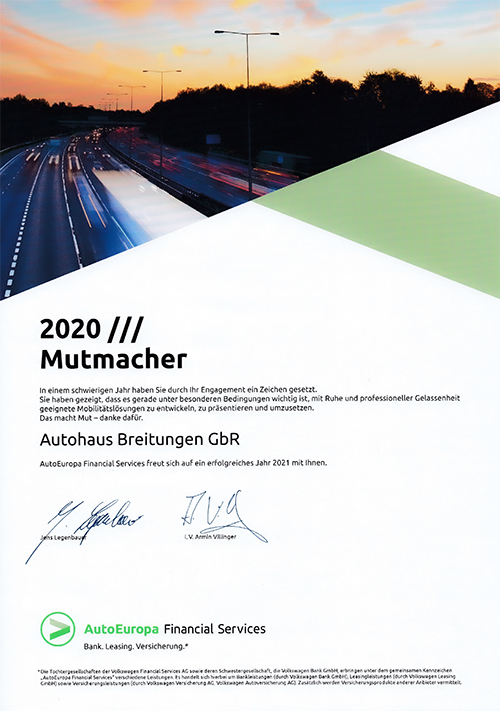 Urkunde AutoEuropa 2020